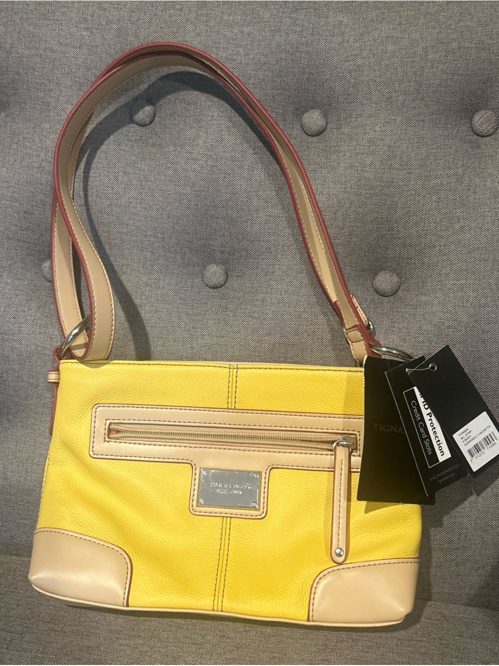 Tignanello Yellow and Beige Leather Shoulder Bag with Pink-Edged Strap